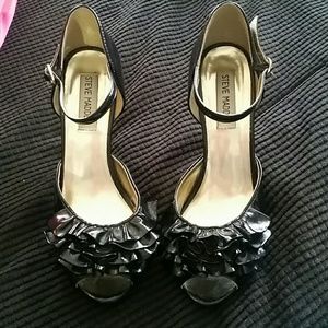 Black Leather Strappy Ruffle Heels